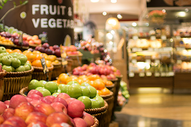 baskets of apples and fruit