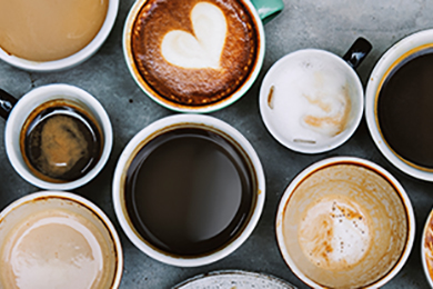assorted coffees in mugs