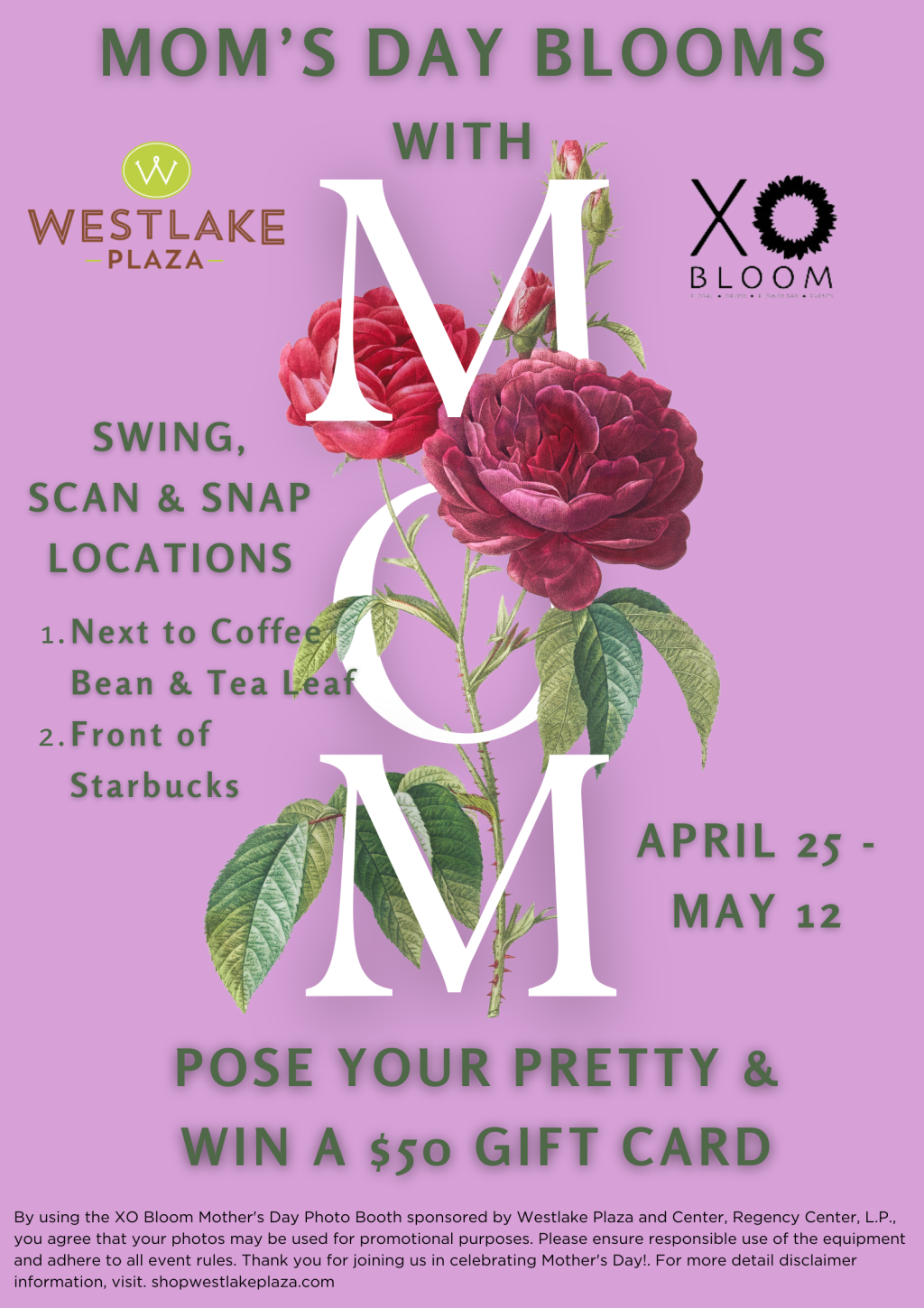 Mother's Day, photo booth Westlake Village, CA Westlake Plaza and Center, Mom's Day 2024 XO Bloom Floral Instagram Installation